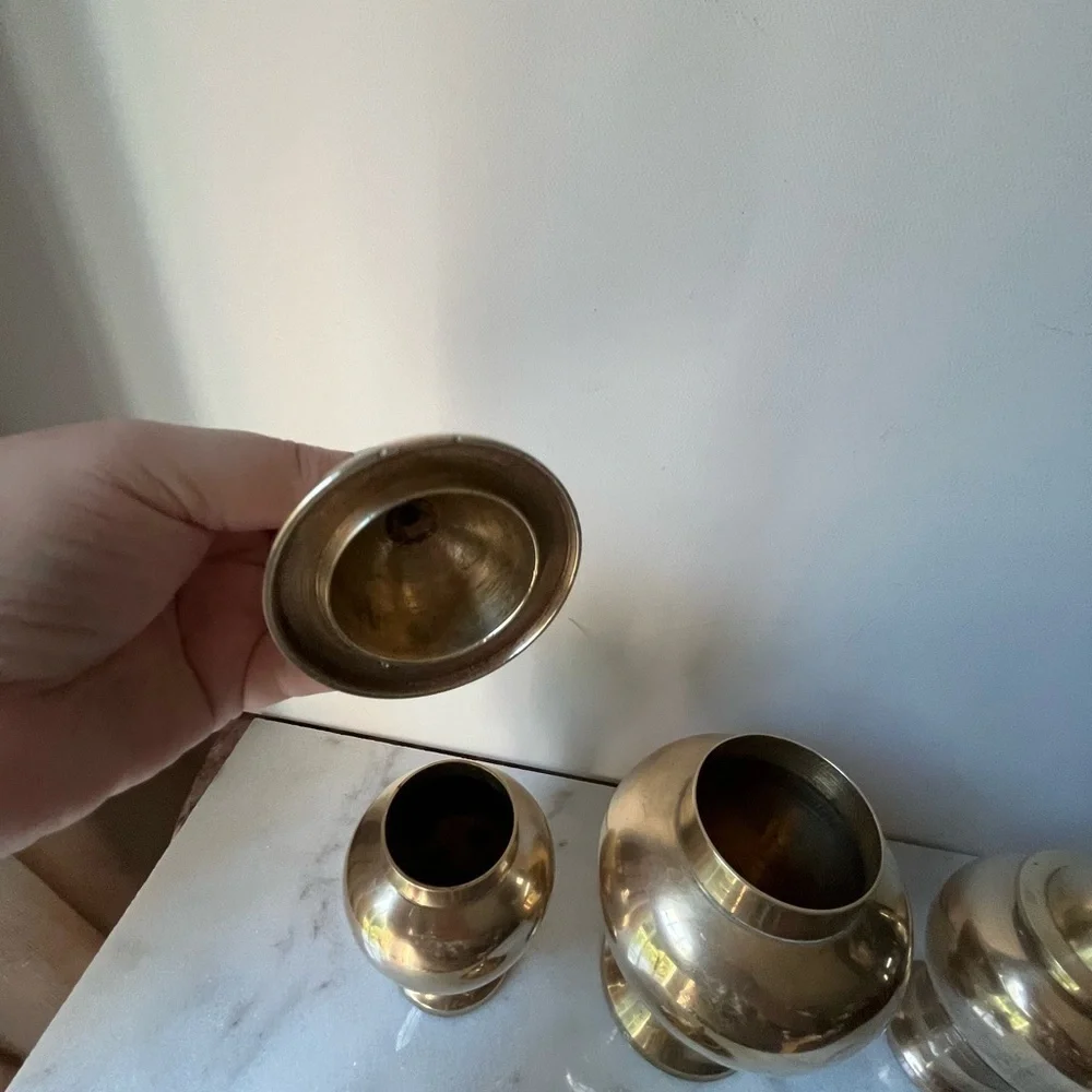 Set of 3 pcs Vintage Solid Brass Urns Vases Ginger Jars with Lids Made in India